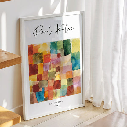 Abstract watercolor squares in vibrant colors by Paul Klee modern wall decor poster with colorful patchwork design, framed and displayed in home decor