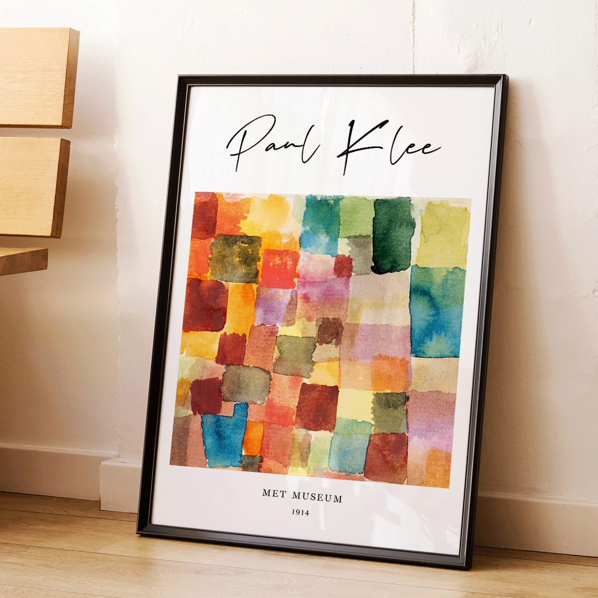 Abstract watercolor squares in vibrant colors by Paul Klee modern wall decor poster with colorful patchwork design, framed and displayed in modern living room decor