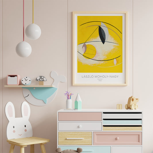 Abstract geometric yellow and white shapes with curved lines artwork Gal Ab I by Laszlo Moholy Nagy poster for wall decor, framed and displayed in home decor