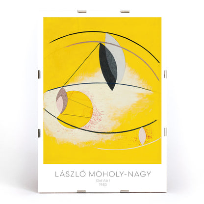 Abstract geometric yellow and white shapes with curved lines artwork Gal Ab I by Laszlo Moholy Nagy poster for wall decor, framed and displayed in modern living room decor
