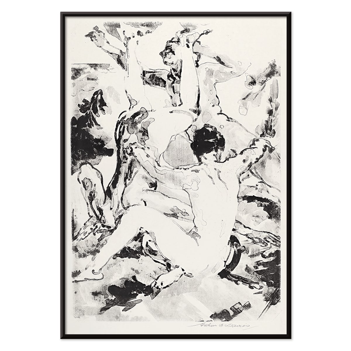 Three acrobats in dynamic abstract black and white style by Arthur Bowen Davies poster depicting figures in motion, with black aluminium frame on white background