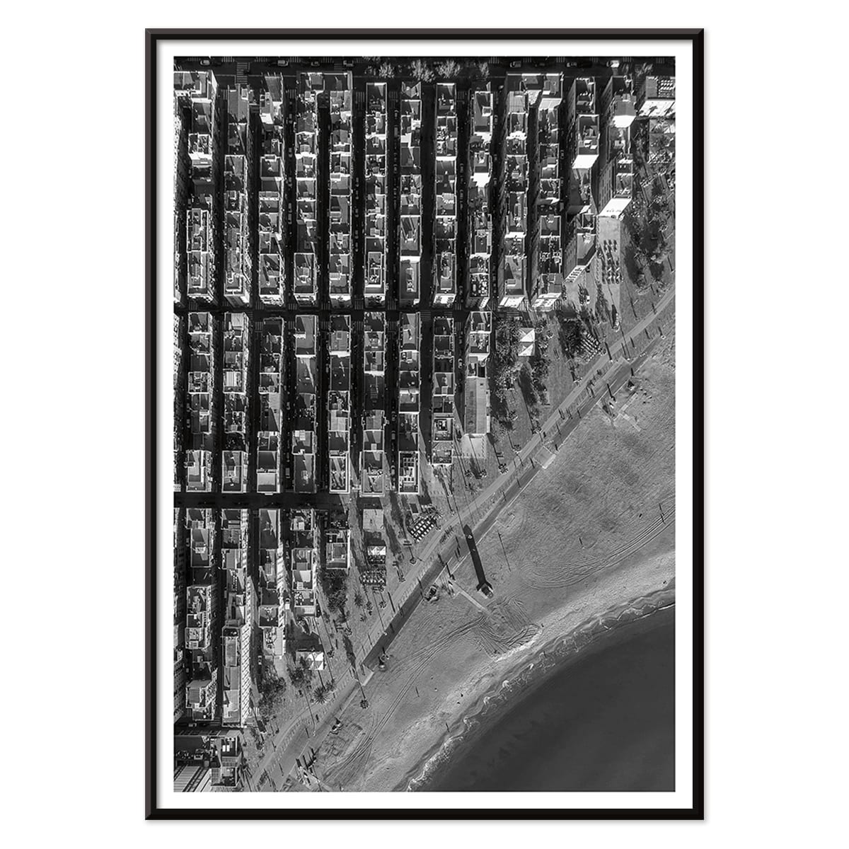 Aerial cityscape and black and white poster of Barceloneta beach and city grid aerial view, with black aluminium frame on white background