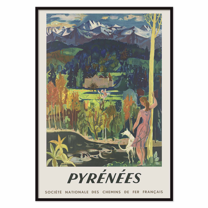 Pyrenees Railway poster by Roger Aujame with alpine peaks, green valley, blue skies, and woman by stream, with black aluminium frame on white background
