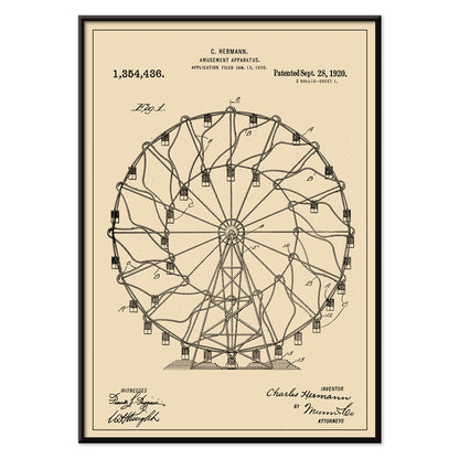 Vintage Ferris Wheel Patent Drawing Amusement Apparatus by Charles Hermann Poster, with black aluminium frame on white background