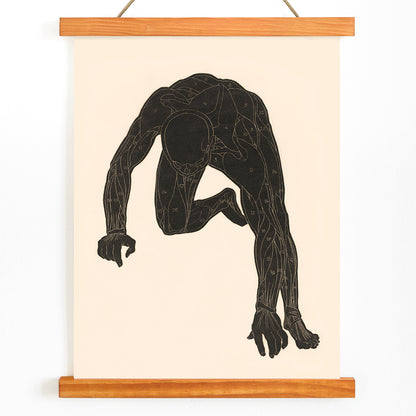 Anatomical illustration of human muscular anatomy and crouching figure from Neck Muscles by Reijer Stolk, with wooden magnetic frame on white background