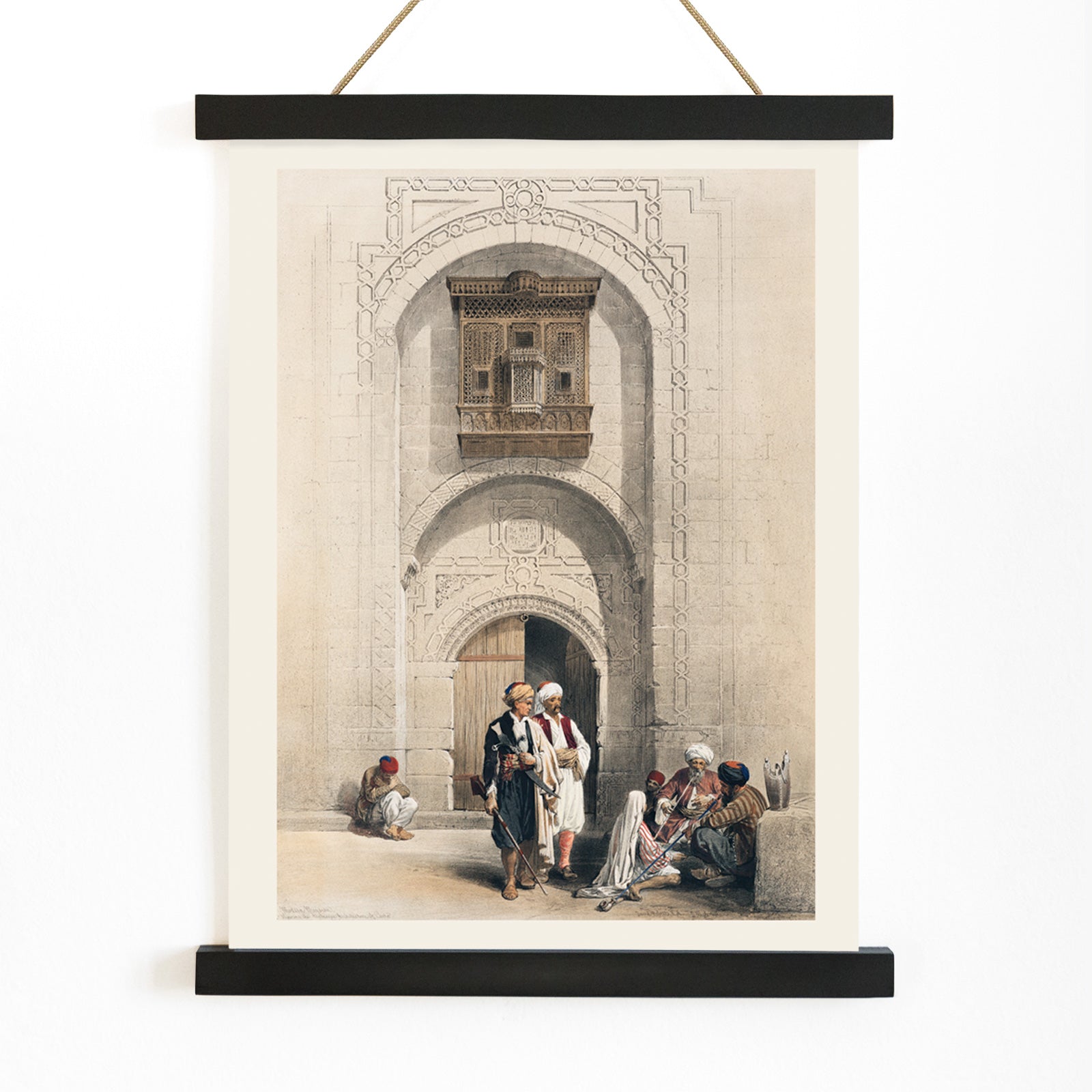 Modern mansion with arabesque architecture in Cairo by David Roberts featuring people in traditional attire poster, with wooden magnetic frame on white background