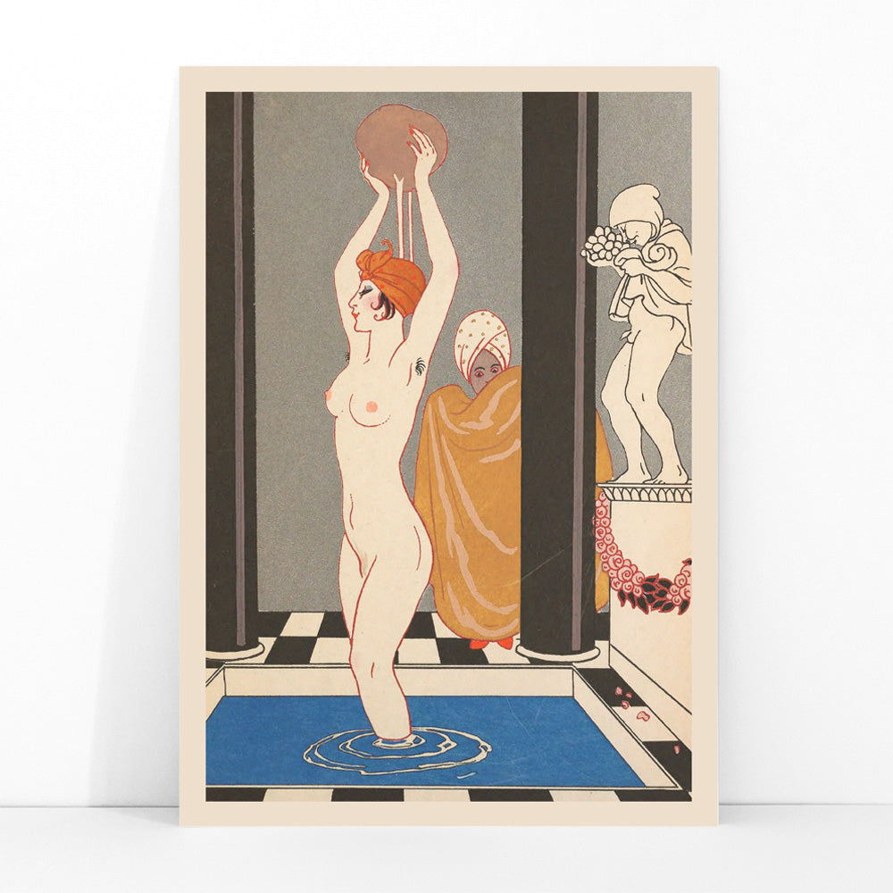 Art Deco woman bathing inspired by La Vasque by George Barbier with another figure in robe beside statue, framed and displayed in modern living room decor