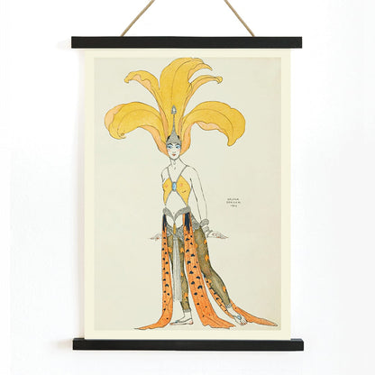 Elegant oriental dancer in elaborate orange costume with headdress from Danseuse en costume oriental by George Barbier poster, with wooden magnetic frame on white background