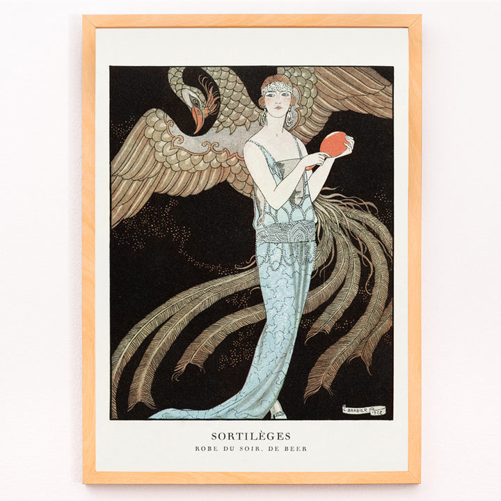 Closeup detail of Elegant woman in blue evening dress with majestic bird Sortileges Evening dress by George Barbier art deco poster