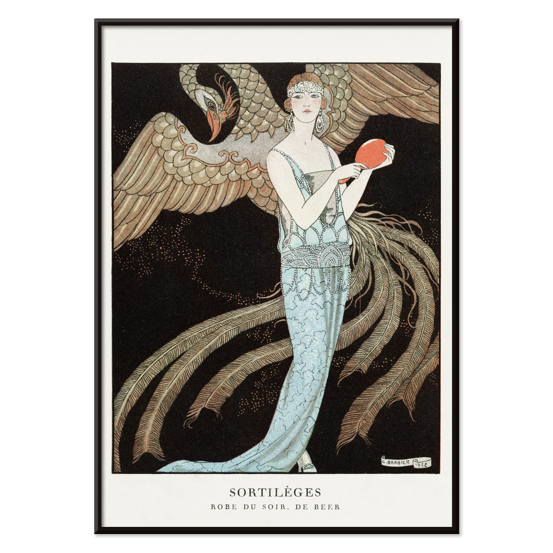Elegant woman in blue evening dress with majestic bird Sortileges Evening dress by George Barbier art deco poster, with black aluminium frame on white background