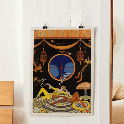 Elegant Art Deco interior with two figures lounging Falbalas et fanfreluches La paresse by George Barbier, framed and displayed in home decor