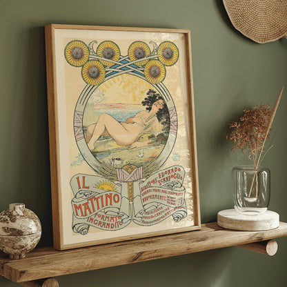 Art Nouveau poster of a reclining woman with sunflowers and pastoral landscape by Giovanni Mataloni II Mattino perfect for art lovers, framed and displayed in home decor