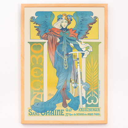 Closeup detail of Art Nouveau poster by Henri Thiriet Omega featuring a woman in flowing robes with wings beside a bicycle colorful illustration and decorative text