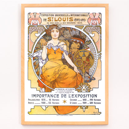 Closeup detail of Art Nouveau poster of a woman in a flowing yellow dress with floral motifs Exposition de Saint Louis by Alphonse Mucha