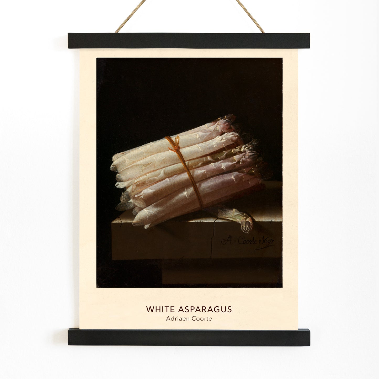 Still life painting of white asparagus on a table by Adriaen Coorte poster artwork, with wooden magnetic frame on white background