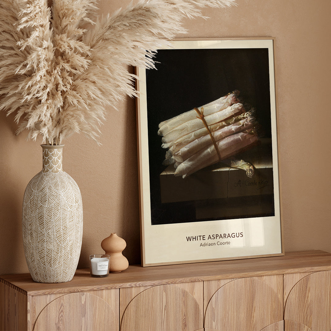 Still life painting of white asparagus on a table by Adriaen Coorte poster artwork, framed and displayed in home decor