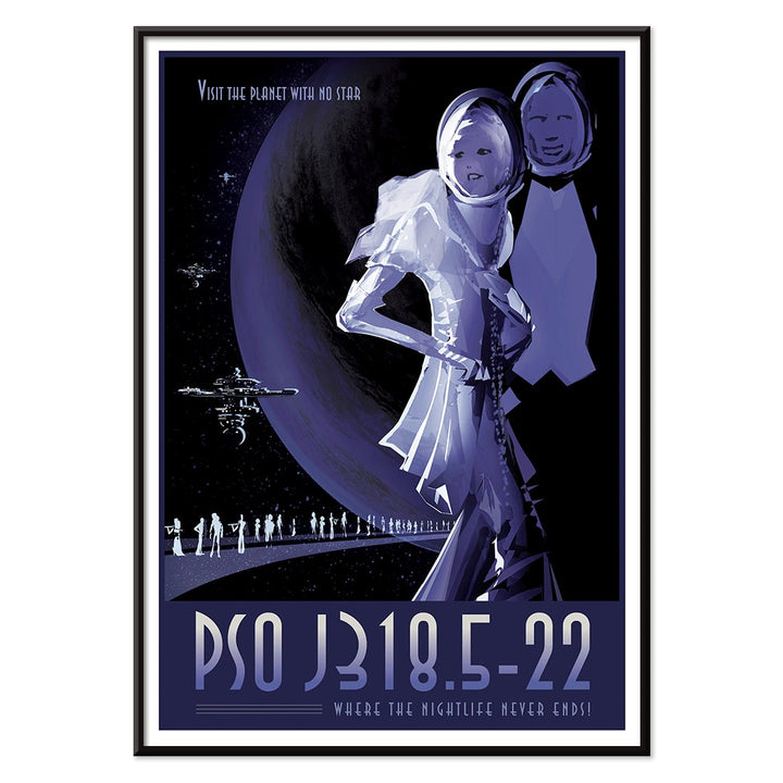 Futuristic space travelers and two figures in space suits with planet backdrop at exoplanet PSO J318.5-22 where the nightlife never ends by NASA, with black aluminium frame on white background
