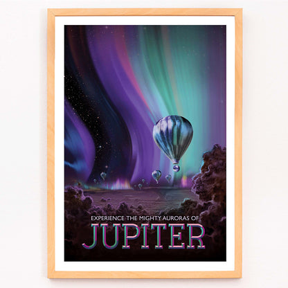 Hot air balloons under vibrant colorful auroras on Jupiter artwork by NASA space travel poster, framed and displayed in modern living room decor