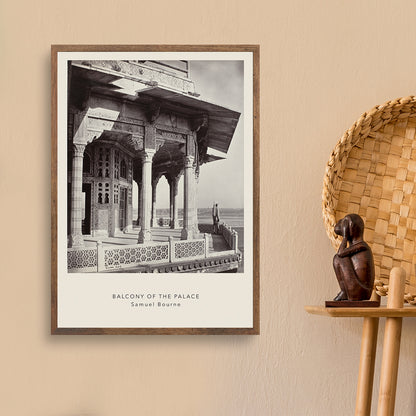 Architectural photography and poster of ornate palace balcony with intricate columns and carvings by Samuel Bourne titled Balcony of the Palace, framed and displayed in home decor