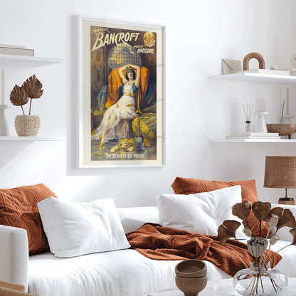 Woman in exotic attire reclining on luxurious couch with hookah and tiger rug Frederick Bancroft prince of magicians artwork poster by Springer and Welty Lith, framed and displayed in home decor