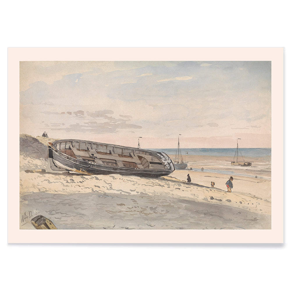 Beached barges and figures on sandy shore with distant boats Barges on the beach by Willem Anthonie van Deventer painting, with black aluminium frame on white background