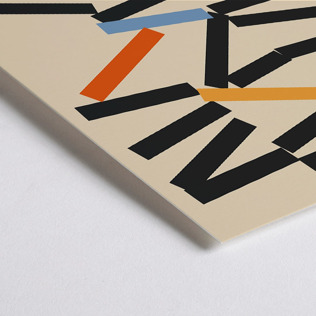 Closeup detail of Bauhaus Poster 5 by Kandinsky with abstract geometric design in black orange and blue inspired by Weimar Exhibition on beige background
