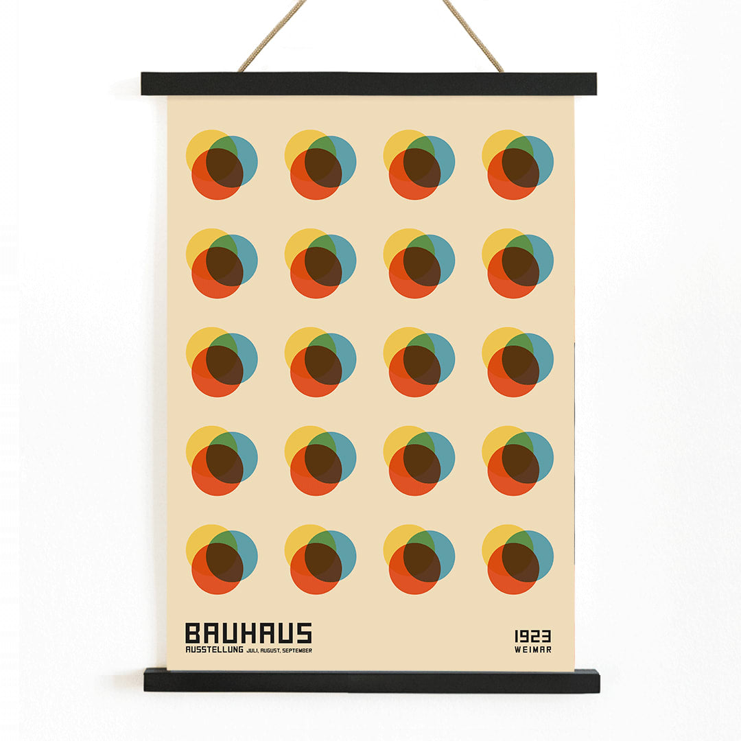 Bauhaus Poster 8 Inspired by the Weimar Exhibition with abstract colorful overlapping circles in a geometric grid pattern, with wooden magnetic frame on white background