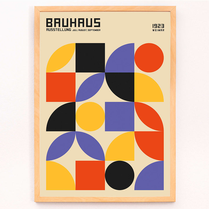 Bauhaus Poster 10 inspired by the Weimar Exhibition featuring colorful geometric shapes in red yellow blue and black on a beige background modern design, framed and displayed in modern living room decor