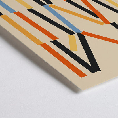 Closeup detail of Bauhaus Poster 6 by designer with abstract geometric vertical lines in black orange and blue on beige background inspired by Weimar Exhibition