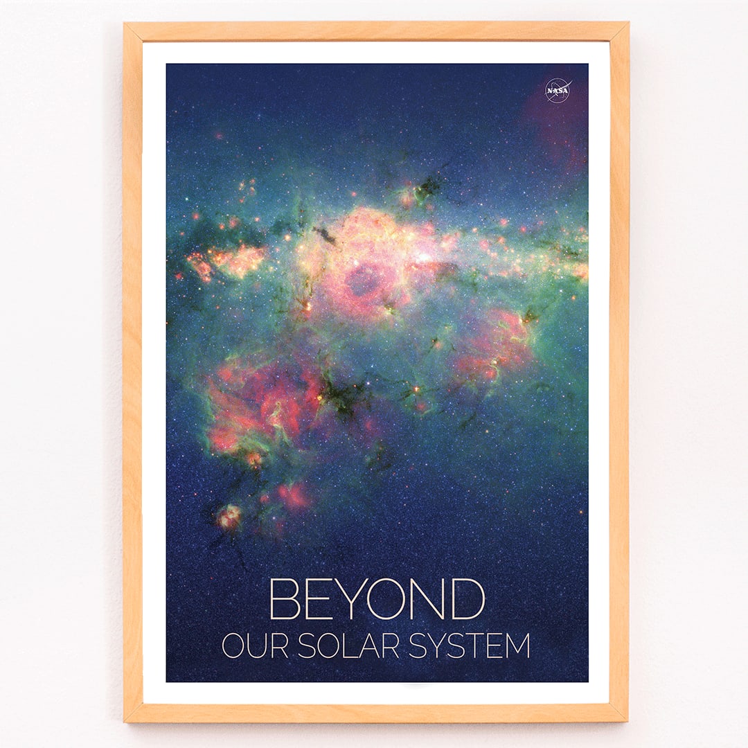 Vibrant nebula poster Beyond Our Solar System by NASA with galaxy background and text, framed and displayed in modern living room decor