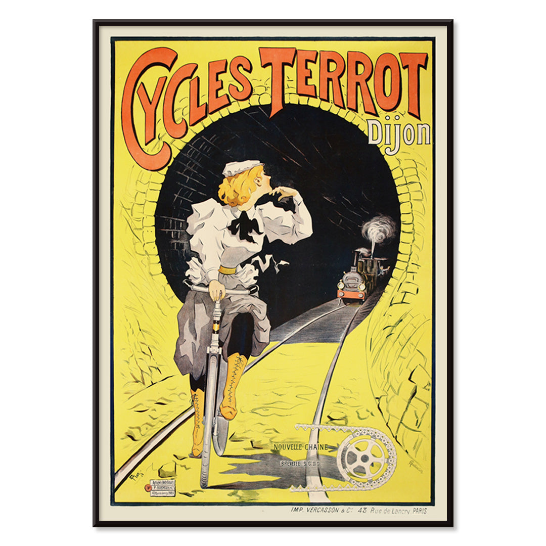 Vintage poster of a woman riding a bicycle in a tunnel with a train approaching Cycles Terrot Dijon artwork, with black aluminium frame on white background