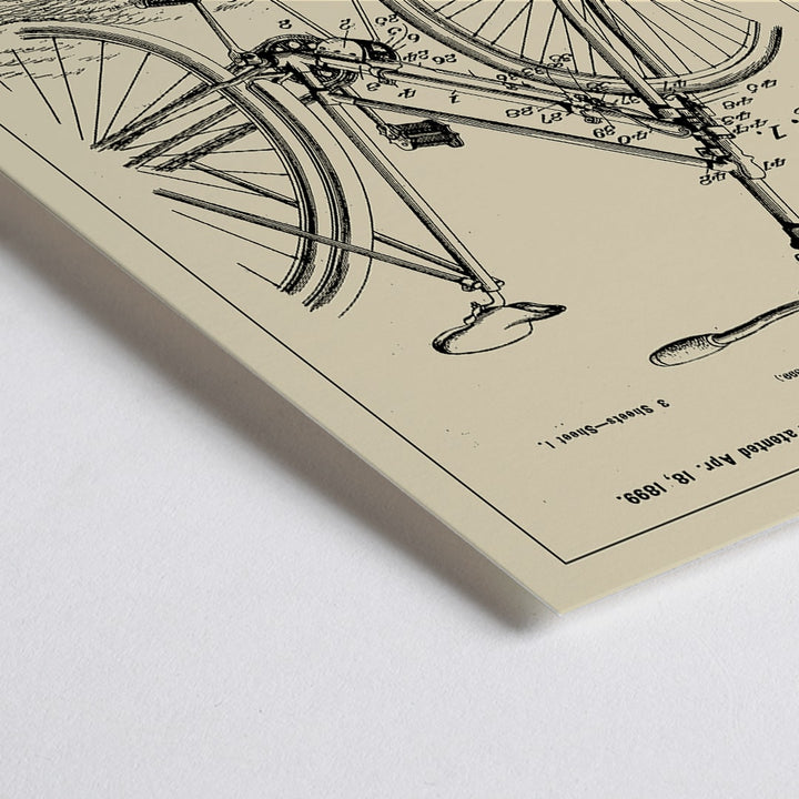 Closeup detail of Bicycle support patent by B Peisen with detailed technical drawing and mechanical diagram featuring support stand and annotations