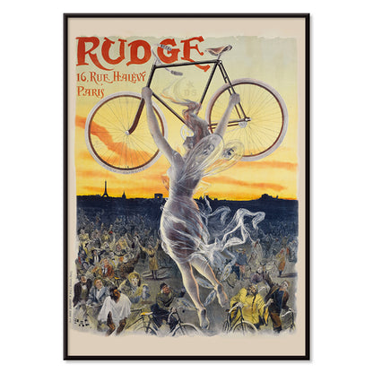 Vintage bicycle poster by Jean de Paleologue showing a triumphant figure and a woman holding a bicycle above a crowd at sunset for Rudge bicycle brand, with black aluminium frame on white background