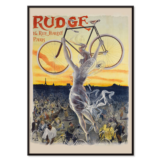 Vintage bicycle poster by Jean de Paleologue showing a triumphant figure and a woman holding a bicycle above a crowd at sunset for Rudge bicycle brand, with black aluminium frame on white background
