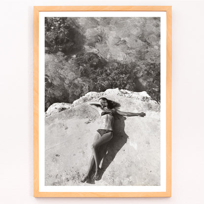 Closeup detail of Woman in bikini lying on platform near water in Montego Bay Jamaica artwork by Nickerson Paine poster