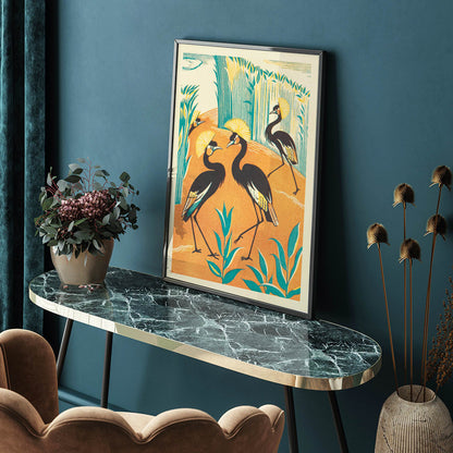 Colorful exotic birds and stylized plants in a jungle setting by Clifford Webb from A Jungle Picnic Pl15 poster with orange and green background, framed and displayed in home decor