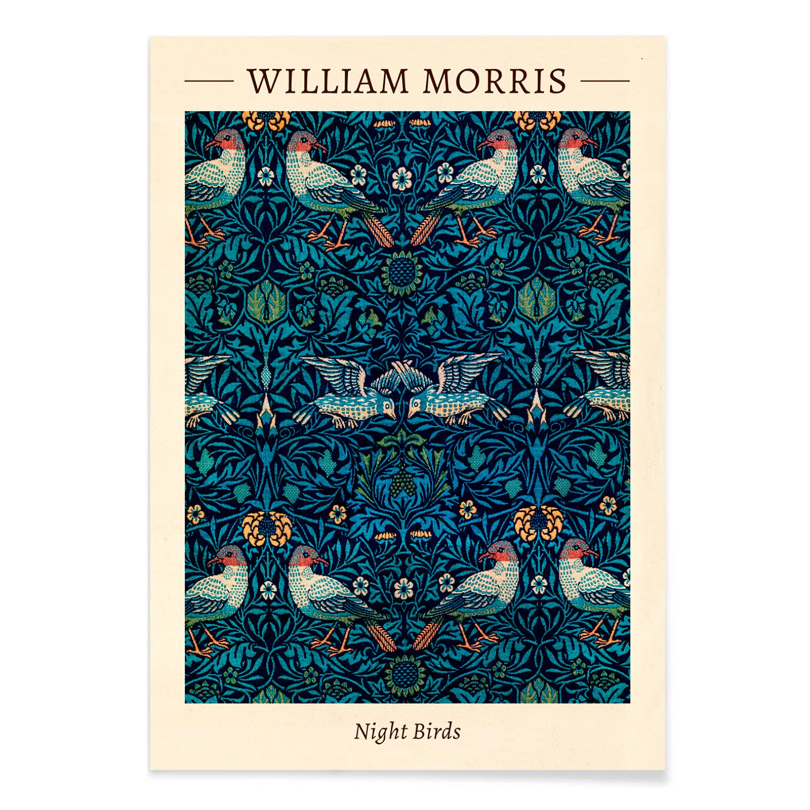Night Birds by William Morris colorful patterned illustration and poster with intricate birds and floral designs in rich blue and green tones, with black aluminium frame on white background