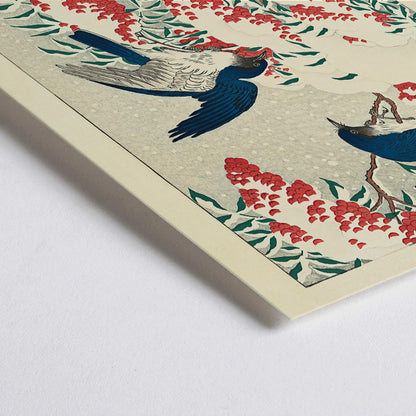 Closeup detail of Two blue flycatchers on snow covered nandina bush artwork by Ohara Koson poster