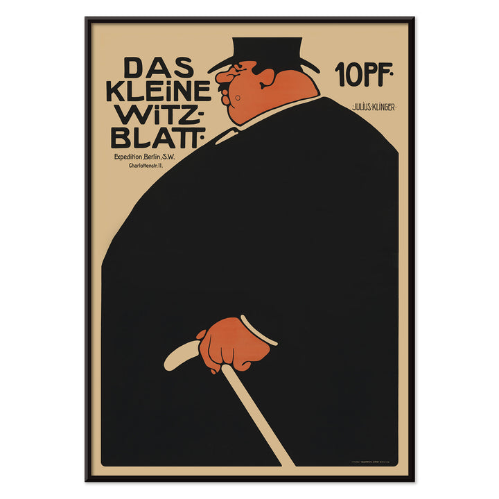 Julius Klinger Das kleine Witzblatt poster with bold black silhouette orange face and hand on beige minimalist background, with black aluminium frame on white background