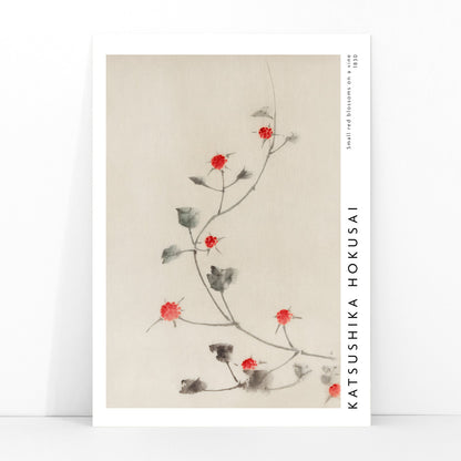 Small Red Blossoms on a Vine artwork by Katsushika Hokusai featuring delicate red flowers and green leaves on a light background, framed and displayed in modern living room decor