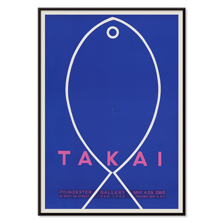 Minimalist blue and white fish outline artwork poster on blue background with Takai exhibition details by Teiji Takai, with black aluminium frame on white background