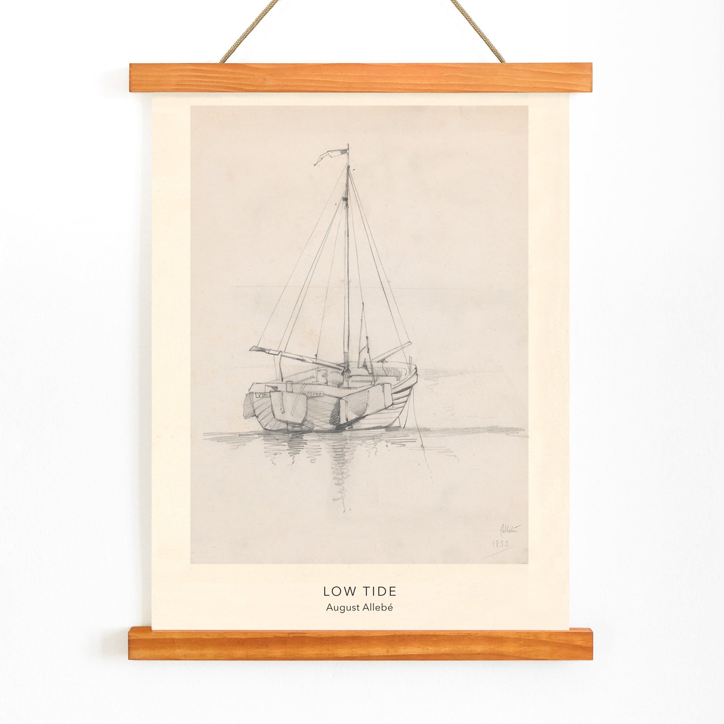 Pencil drawing poster of a sailboat at low tide on calm water artwork Low Tide by August Allebe, with wooden magnetic frame on white background