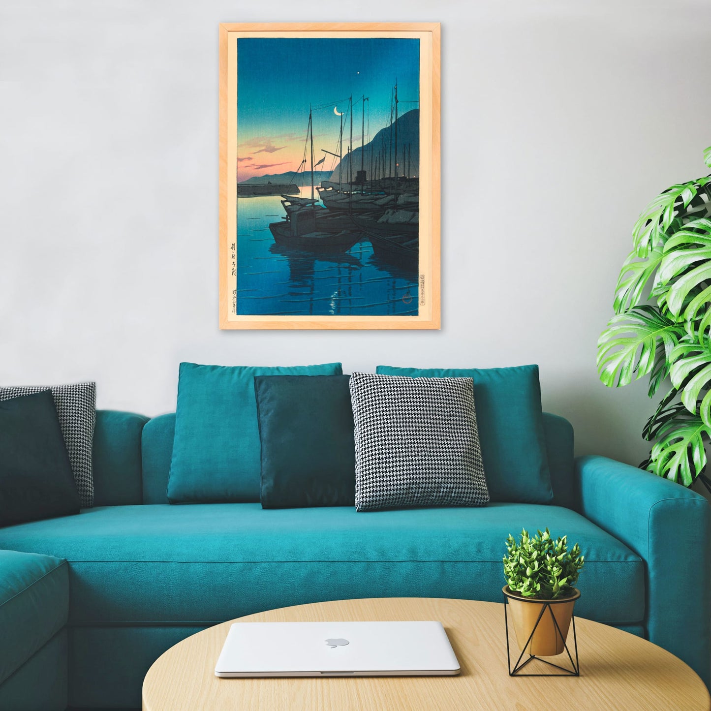 Boats docked at sunrise in a tranquil harbor with mountains in the background Morning in Beppu by Kawase Hasui, framed and displayed in home decor