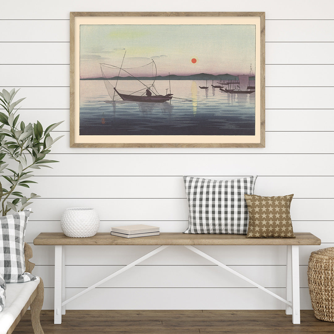 Traditional Japanese boats on calm water at sunset with mountains artwork by Ohara Koson, framed and displayed in home decor