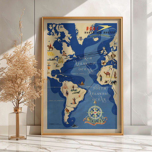 Colorful map and poster of BOAC British Overseas Airways world air routes over the Atlantic Ocean by Seymour EO, framed and displayed in home decor