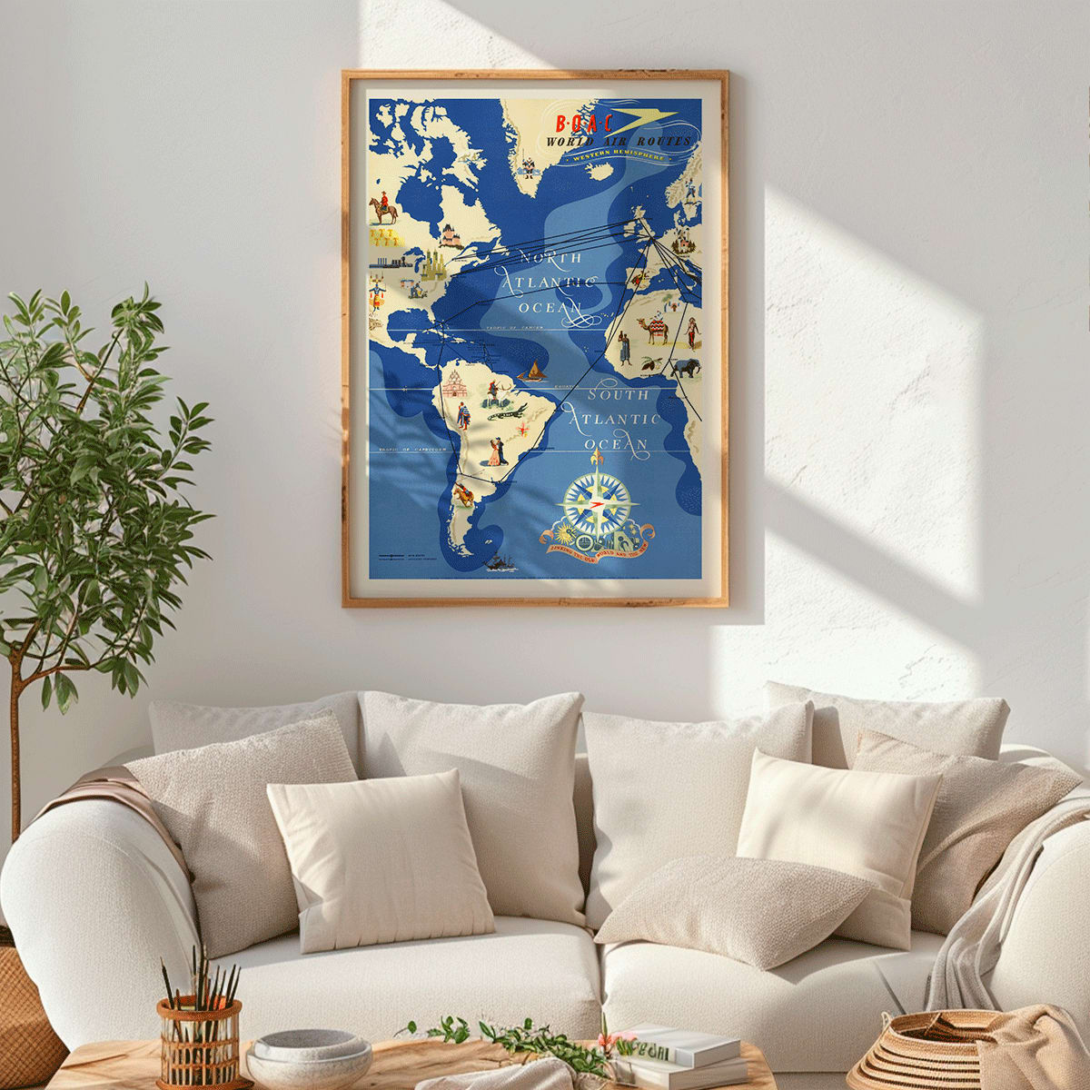 Colorful map and poster of BOAC British Overseas Airways world air routes over the Atlantic Ocean by Seymour EO, framed and displayed in modern living room decor
