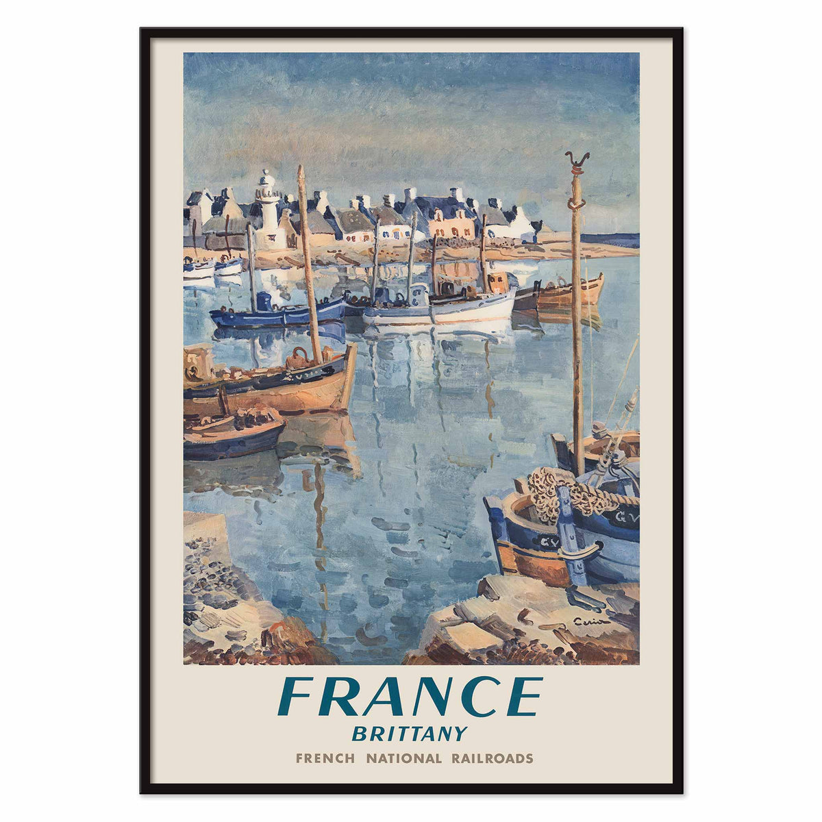 France Brittany Railway poster by Edmond Ceria featuring blue harbor boats, pale village roofs, cream sky, and coastal scenery, with black aluminium frame on white background