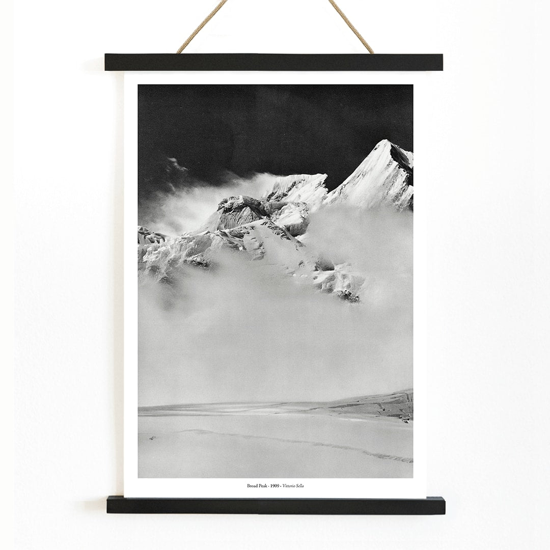 Broad Peak mountain view from Godwin-Austen Glacier snow-covered and obscured by clouds photo by Vittorio Sella, with wooden magnetic frame on white background
