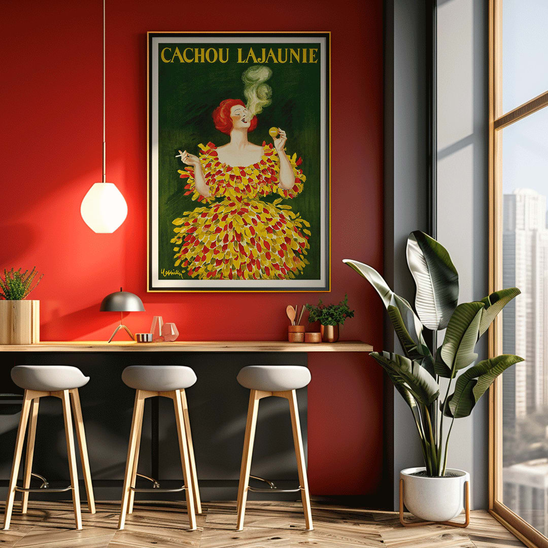 Colorful poster Cachou Lajaunie by Leonetto Cappiello featuring a woman in a vibrant dress with smoke forming a face and holding a cigarette, framed and displayed in home decor