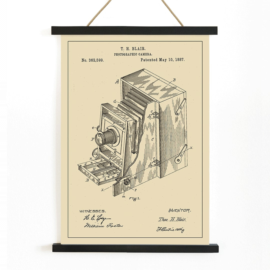 Vintage photographic camera patent diagram and detailed poster illustration by TH Blair, with wooden magnetic frame on white background